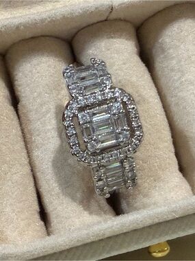 New Halo Emerald-Cut Diamond Ring in Silver Tone - White size 6